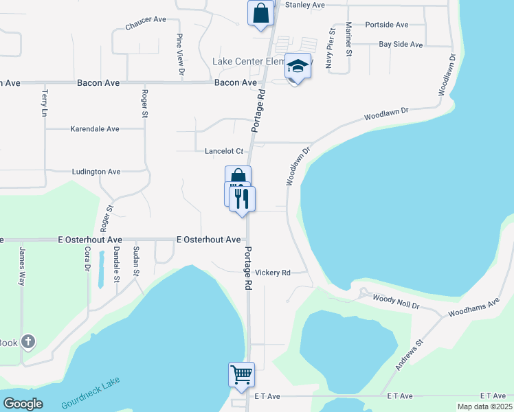 map of restaurants, bars, coffee shops, grocery stores, and more near 10375 Portage Road in Portage