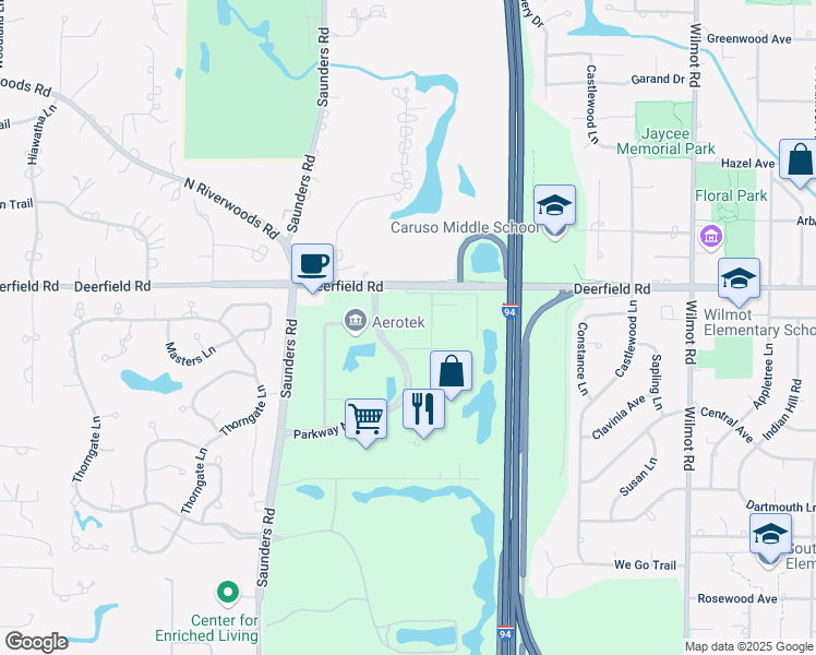 map of restaurants, bars, coffee shops, grocery stores, and more near 10 Parkway North in Deerfield