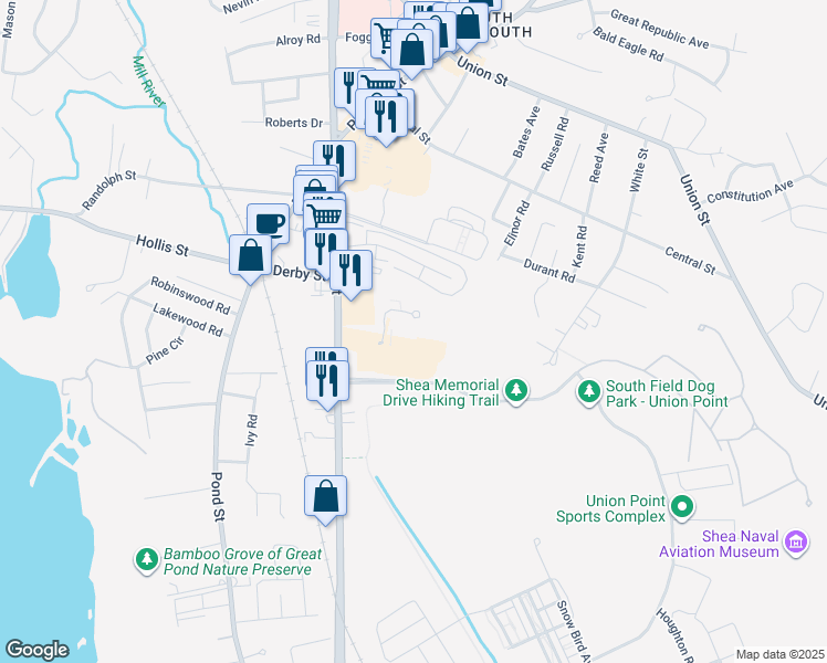 map of restaurants, bars, coffee shops, grocery stores, and more near 59 Greentree Lane in Weymouth