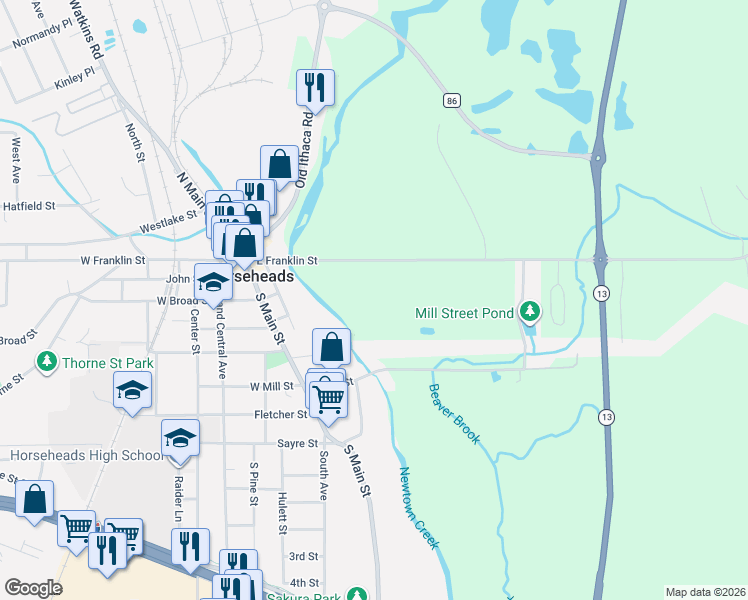 map of restaurants, bars, coffee shops, grocery stores, and more near 256 E Franklin St in Horseheads