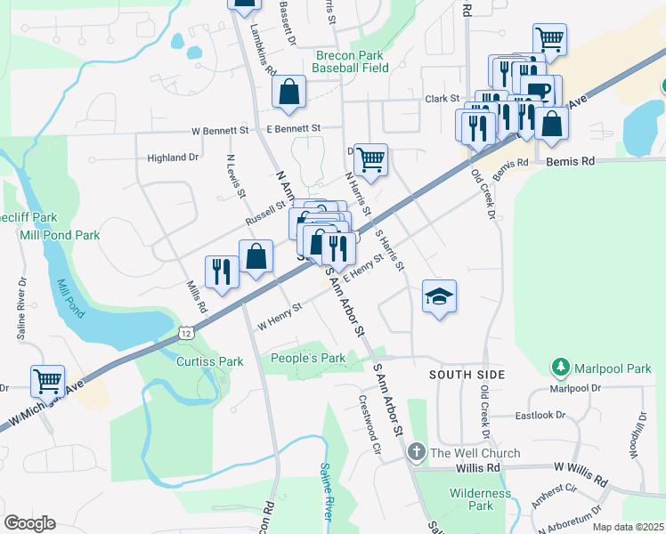 map of restaurants, bars, coffee shops, grocery stores, and more near 101 South Ann Arbor Street in Saline