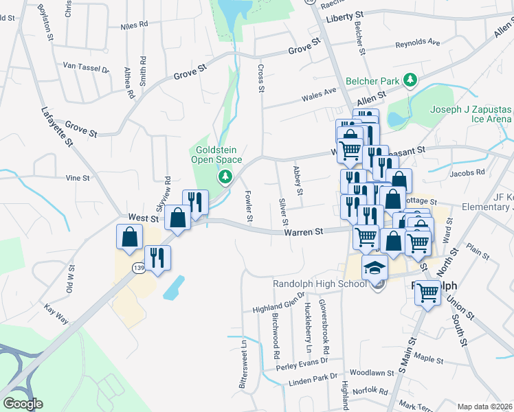 map of restaurants, bars, coffee shops, grocery stores, and more near 50 Warren Avenue in Randolph