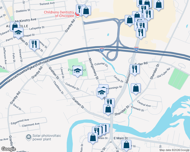 map of restaurants, bars, coffee shops, grocery stores, and more near 249 Montgomery Street in Chicopee