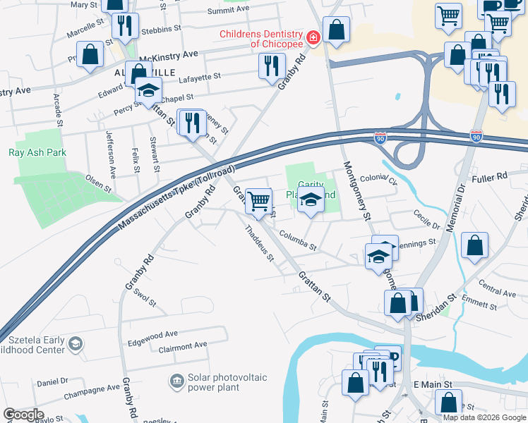 map of restaurants, bars, coffee shops, grocery stores, and more near 16 Brightwood Street in Chicopee