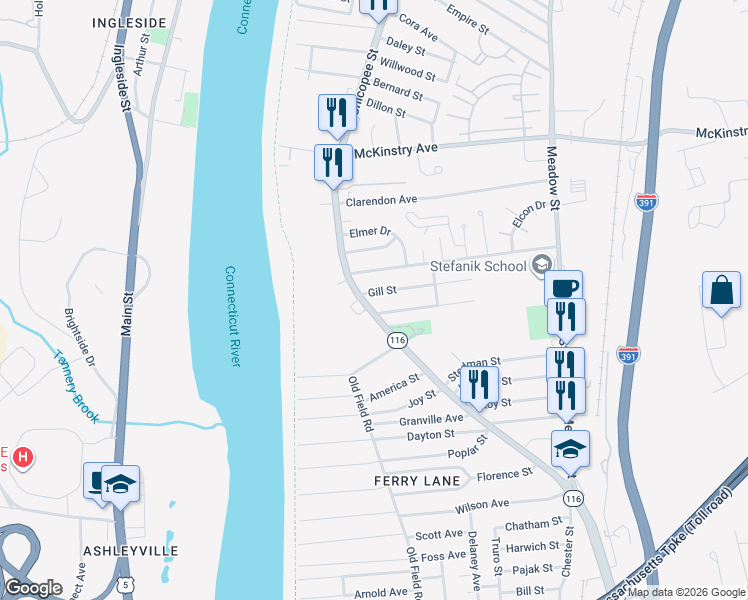 map of restaurants, bars, coffee shops, grocery stores, and more near 14 Gill Street in Chicopee