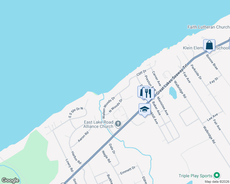 map of restaurants, bars, coffee shops, grocery stores, and more near 4598 Walten Woods Dr in Erie