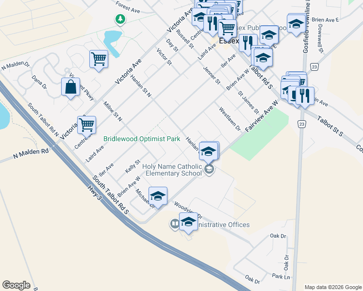 map of restaurants, bars, coffee shops, grocery stores, and more near 108 Hanlan Street South in Essex