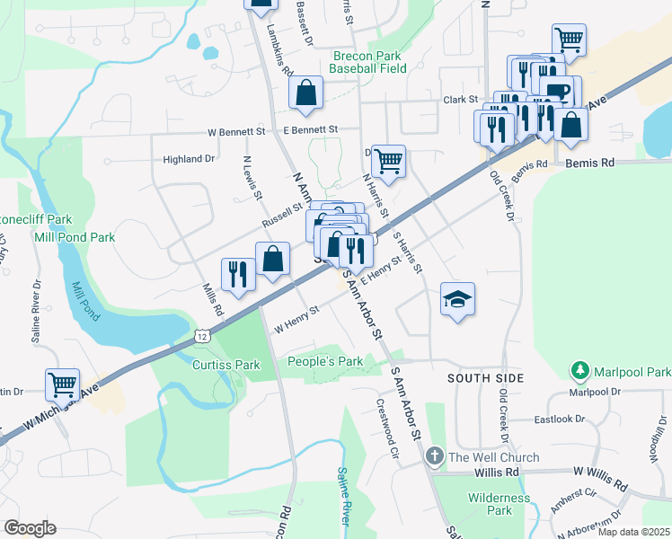 map of restaurants, bars, coffee shops, grocery stores, and more near in Saline