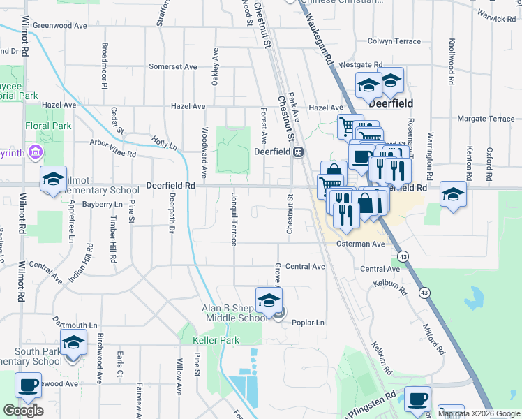 map of restaurants, bars, coffee shops, grocery stores, and more near 950 Sunset Court in Deerfield