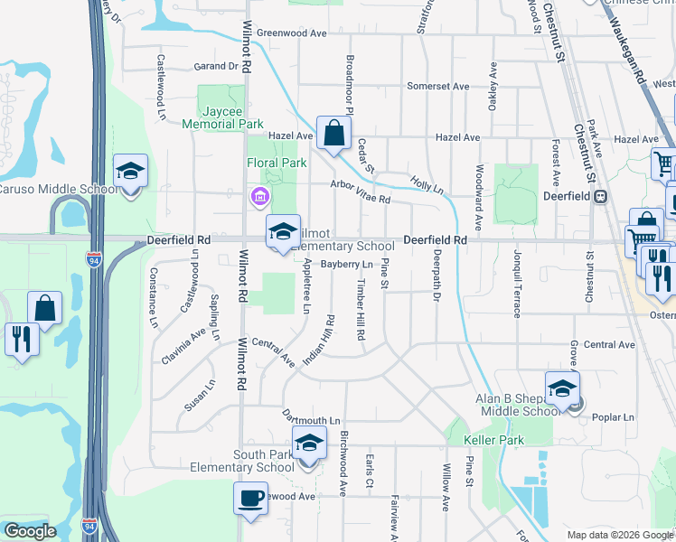 map of restaurants, bars, coffee shops, grocery stores, and more near 1401 Bayberry Lane in Deerfield