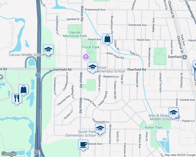 map of restaurants, bars, coffee shops, grocery stores, and more near 1441 Bayberry Lane in Deerfield