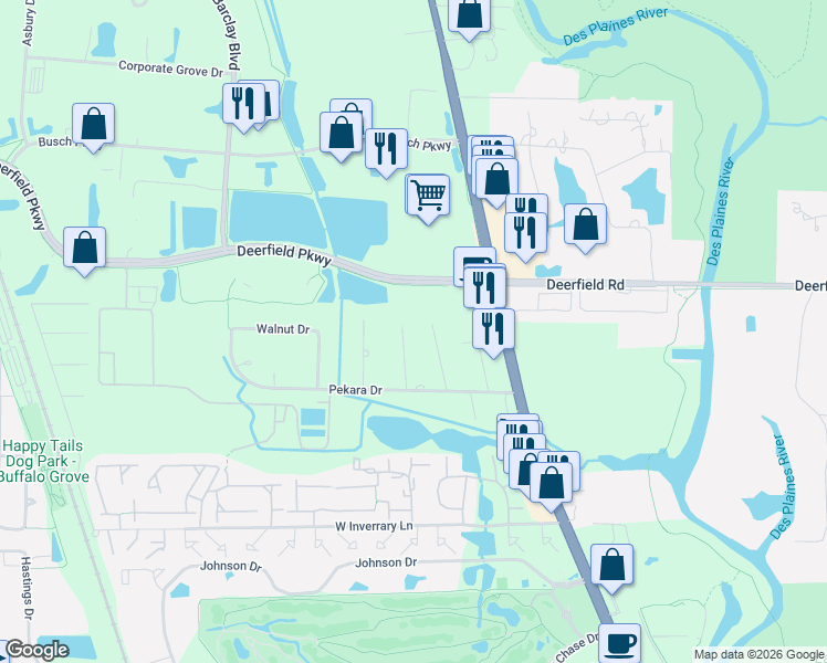map of restaurants, bars, coffee shops, grocery stores, and more near 20924 Catalpa Street in Deerfield