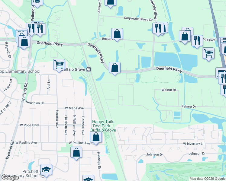 map of restaurants, bars, coffee shops, grocery stores, and more near 1500 Frank Avenue in Deerfield