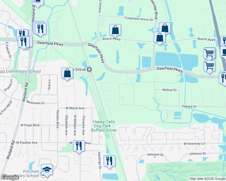 map of restaurants, bars, coffee shops, grocery stores, and more near 1500 Frank Avenue in Deerfield