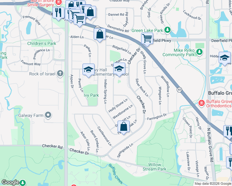 map of restaurants, bars, coffee shops, grocery stores, and more near 710 Essington Lane in Buffalo Grove
