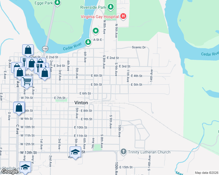map of restaurants, bars, coffee shops, grocery stores, and more near 826 E 5th St in Vinton