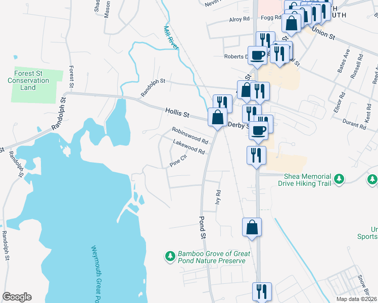 map of restaurants, bars, coffee shops, grocery stores, and more near 25 Lakewood Road in Weymouth