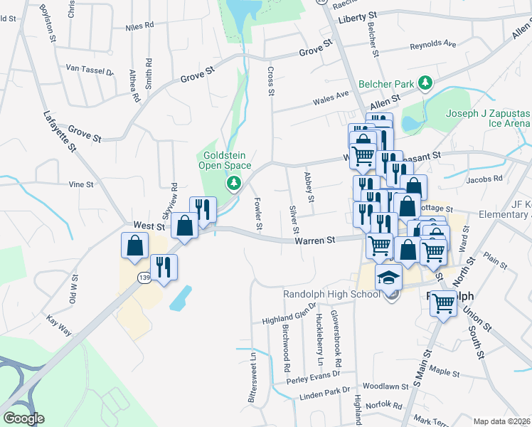 map of restaurants, bars, coffee shops, grocery stores, and more near 50 Warren Avenue in Randolph
