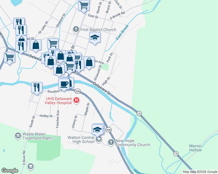 map of restaurants, bars, coffee shops, grocery stores, and more near 12 High St in Walton