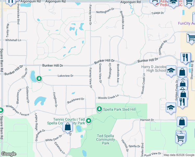 map of restaurants, bars, coffee shops, grocery stores, and more near 612 Greens View Drive in Algonquin