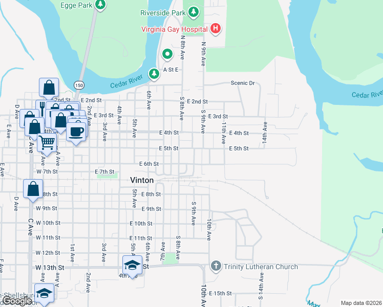 map of restaurants, bars, coffee shops, grocery stores, and more near 826 E 5th St in Vinton