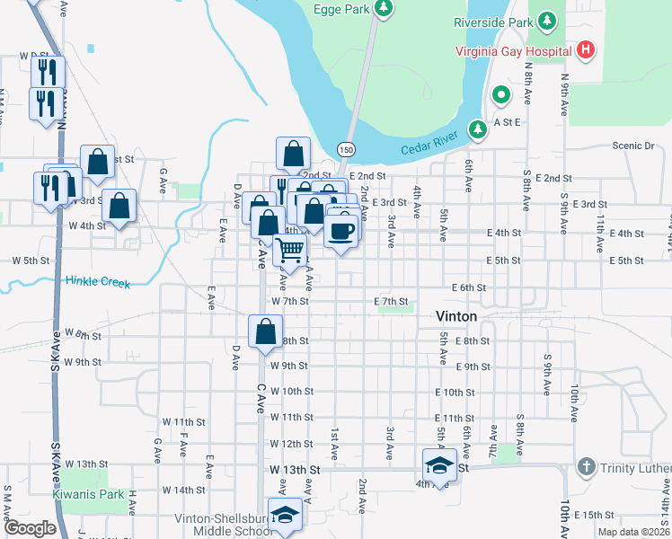 map of restaurants, bars, coffee shops, grocery stores, and more near 5 Th St in Vinton
