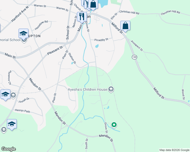 map of restaurants, bars, coffee shops, grocery stores, and more near 53 Grove Street in Upton
