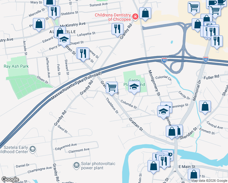 map of restaurants, bars, coffee shops, grocery stores, and more near 16 Brightwood Street in Chicopee