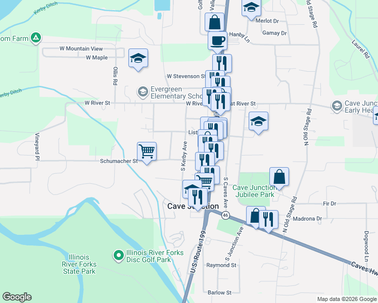 map of restaurants, bars, coffee shops, grocery stores, and more near 128 South Kerby Avenue in Cave Junction