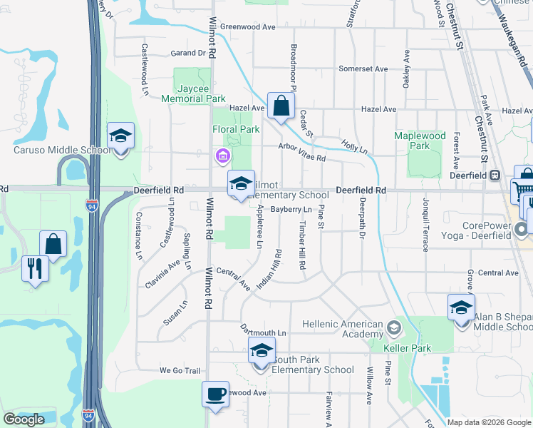 map of restaurants, bars, coffee shops, grocery stores, and more near 1441 Bayberry Lane in Deerfield