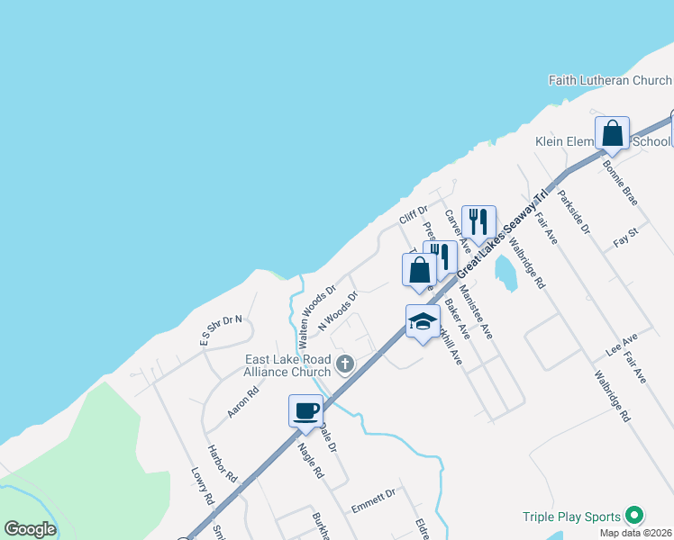 map of restaurants, bars, coffee shops, grocery stores, and more near 4598 Walten Woods Drive in Erie