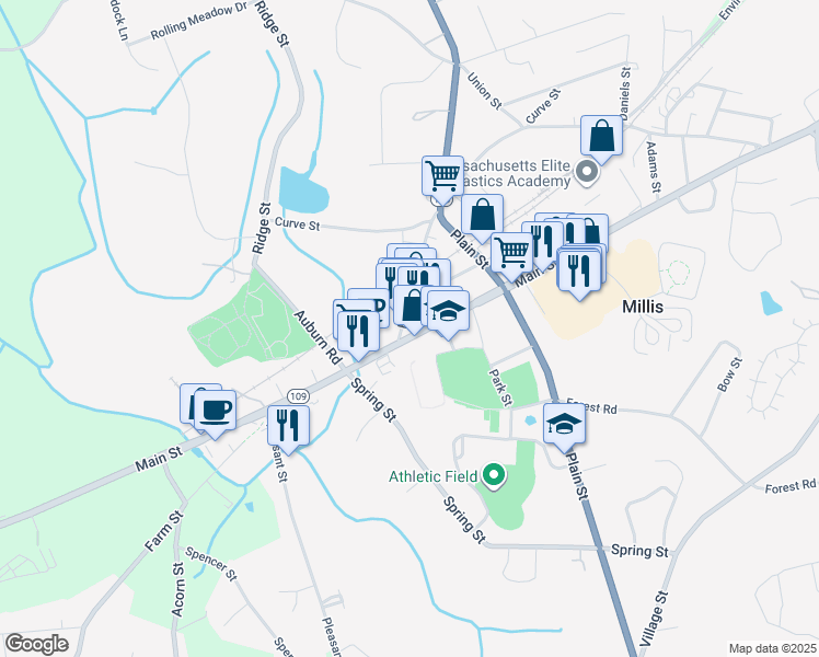map of restaurants, bars, coffee shops, grocery stores, and more near 943 Main Street in Millis
