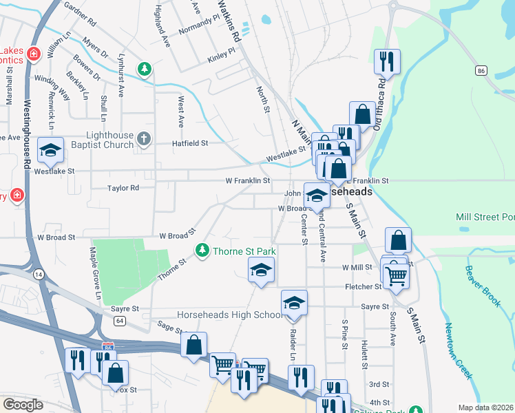 map of restaurants, bars, coffee shops, grocery stores, and more near 408 West Broad Street in Horseheads