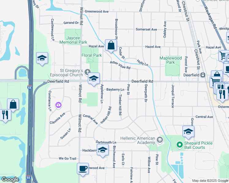 map of restaurants, bars, coffee shops, grocery stores, and more near 1401 Bayberry Lane in Deerfield