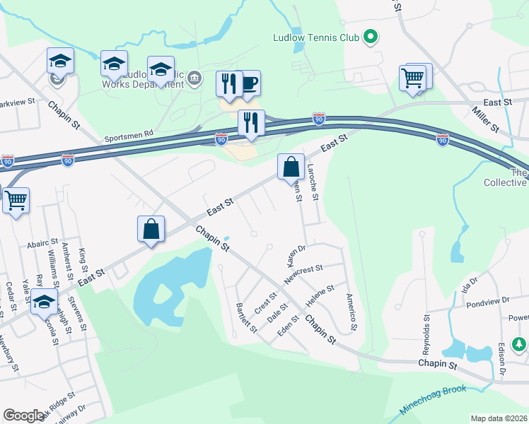 map of restaurants, bars, coffee shops, grocery stores, and more near 40 Brunelle Street in Ludlow