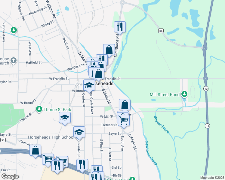 map of restaurants, bars, coffee shops, grocery stores, and more near 101-199 East Broad Street in Horseheads