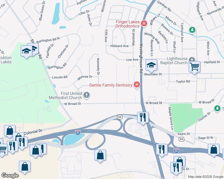 map of restaurants, bars, coffee shops, grocery stores, and more near 123 Sunset Drive in Horseheads