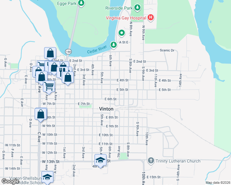 map of restaurants, bars, coffee shops, grocery stores, and more near 608 East 5th Street in Vinton