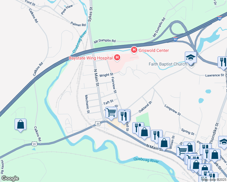 map of restaurants, bars, coffee shops, grocery stores, and more near 57 Fairview Street in Palmer