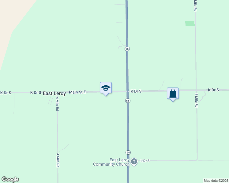 map of restaurants, bars, coffee shops, grocery stores, and more near 4320 K Drive South in East Leroy