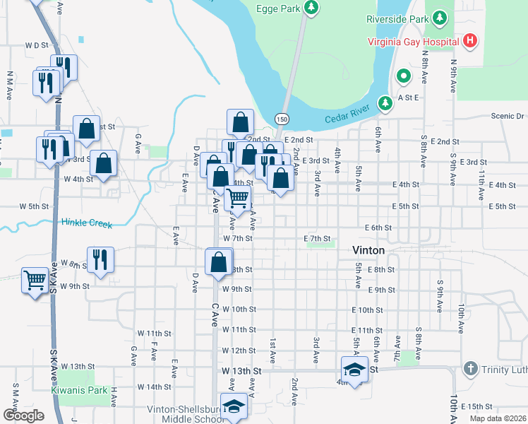 map of restaurants, bars, coffee shops, grocery stores, and more near 5 Th St in Vinton