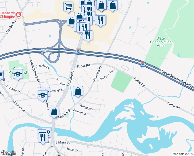 map of restaurants, bars, coffee shops, grocery stores, and more near 266 Sheridan Street in Chicopee