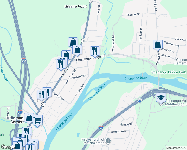 map of restaurants, bars, coffee shops, grocery stores, and more near 154 Bishop Road in Binghamton