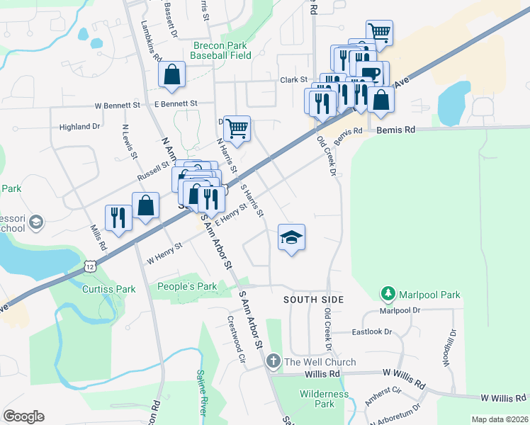 map of restaurants, bars, coffee shops, grocery stores, and more near 116 East Henry Street in Saline