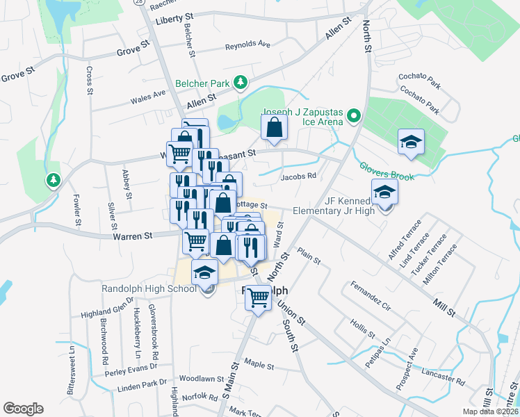 map of restaurants, bars, coffee shops, grocery stores, and more near 52R Cottage Street in Randolph