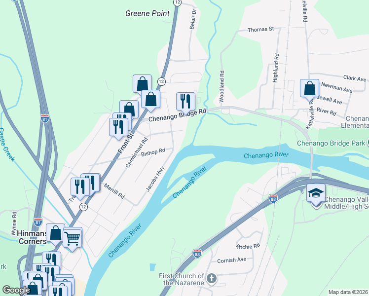 map of restaurants, bars, coffee shops, grocery stores, and more near 154 Bishop Road in Binghamton