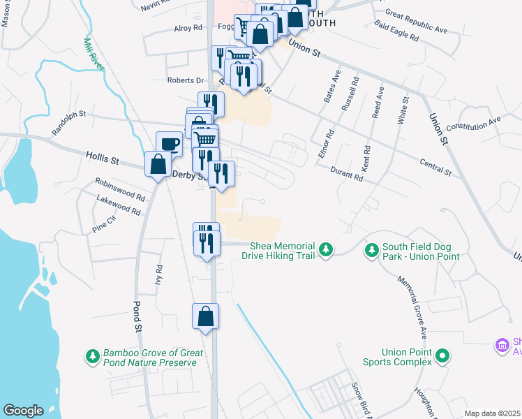 map of restaurants, bars, coffee shops, grocery stores, and more near 59 Greentree Lane in Weymouth