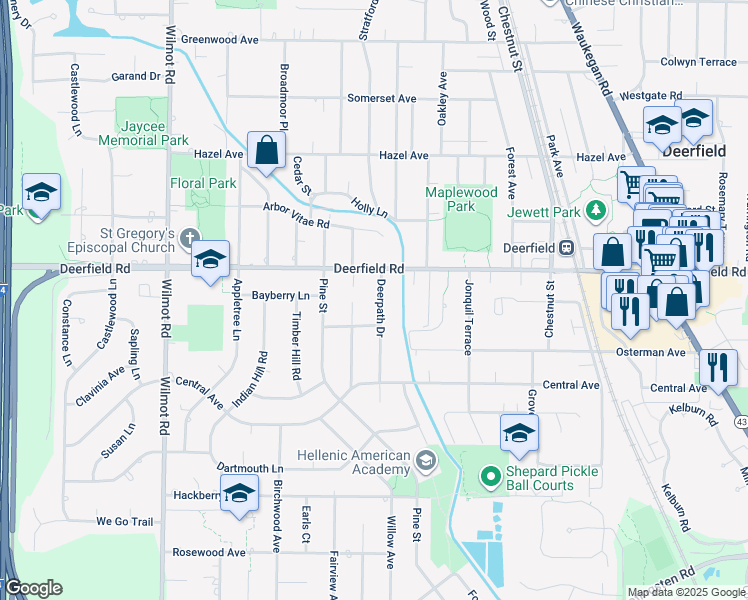 map of restaurants, bars, coffee shops, grocery stores, and more near 730 Deerpath Drive in Deerfield
