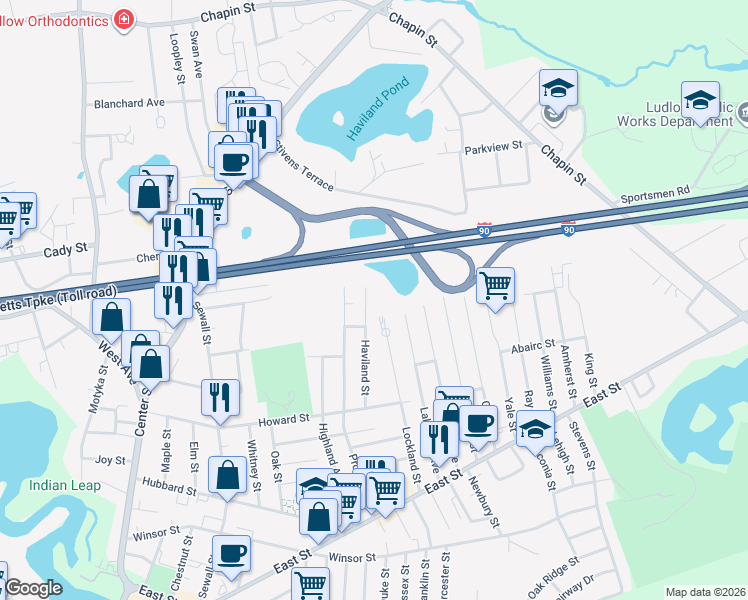 map of restaurants, bars, coffee shops, grocery stores, and more near 122 Haviland Street in Ludlow