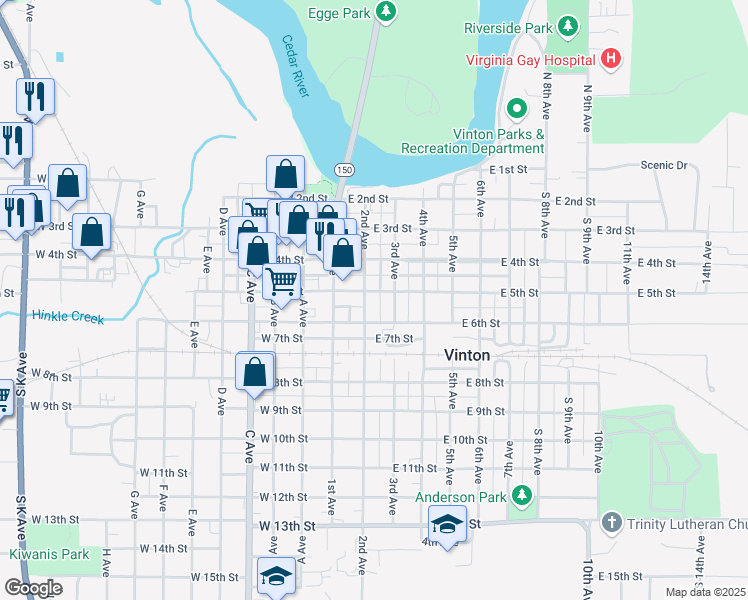 map of restaurants, bars, coffee shops, grocery stores, and more near 510 2nd Avenue in Vinton